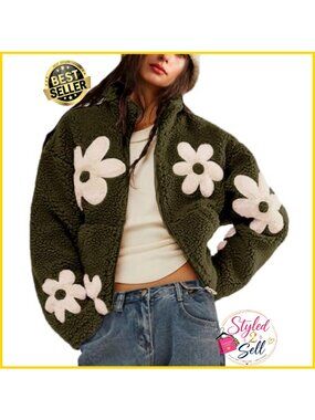 Floral Sherpa Fleece Jacket Fuzzy Teddy Cropped Coat